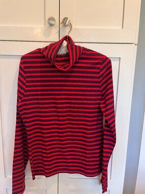 Red and navy blue striped turtleneck